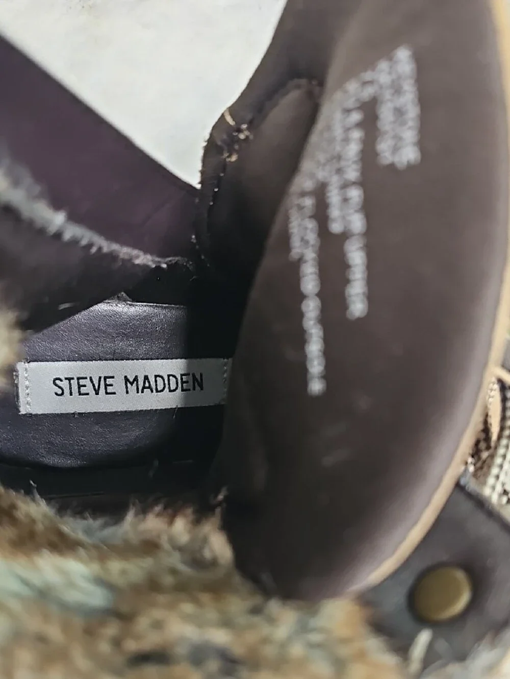 Steve Madden Leather Keystone Lug Hiker Boot Faux Fur Trim Sz 7.5